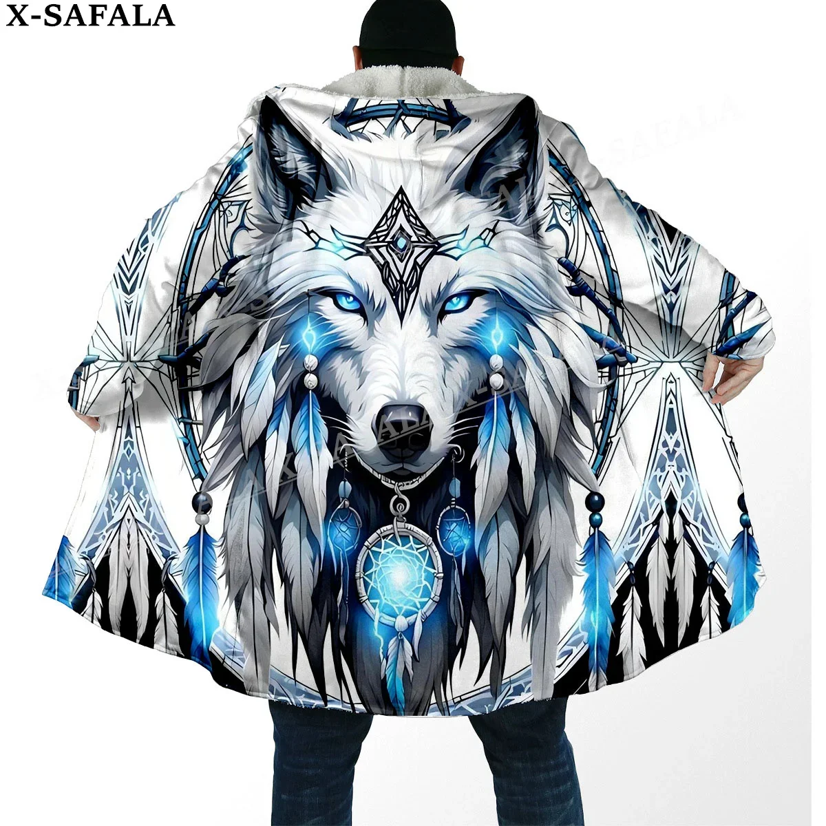 Elegant Native Wolf Spirit Totems Arts Thick Warm Hooded Cloak Men Overcoat Coat Windproof Fleece Cape Robe Hooded Blanket-2