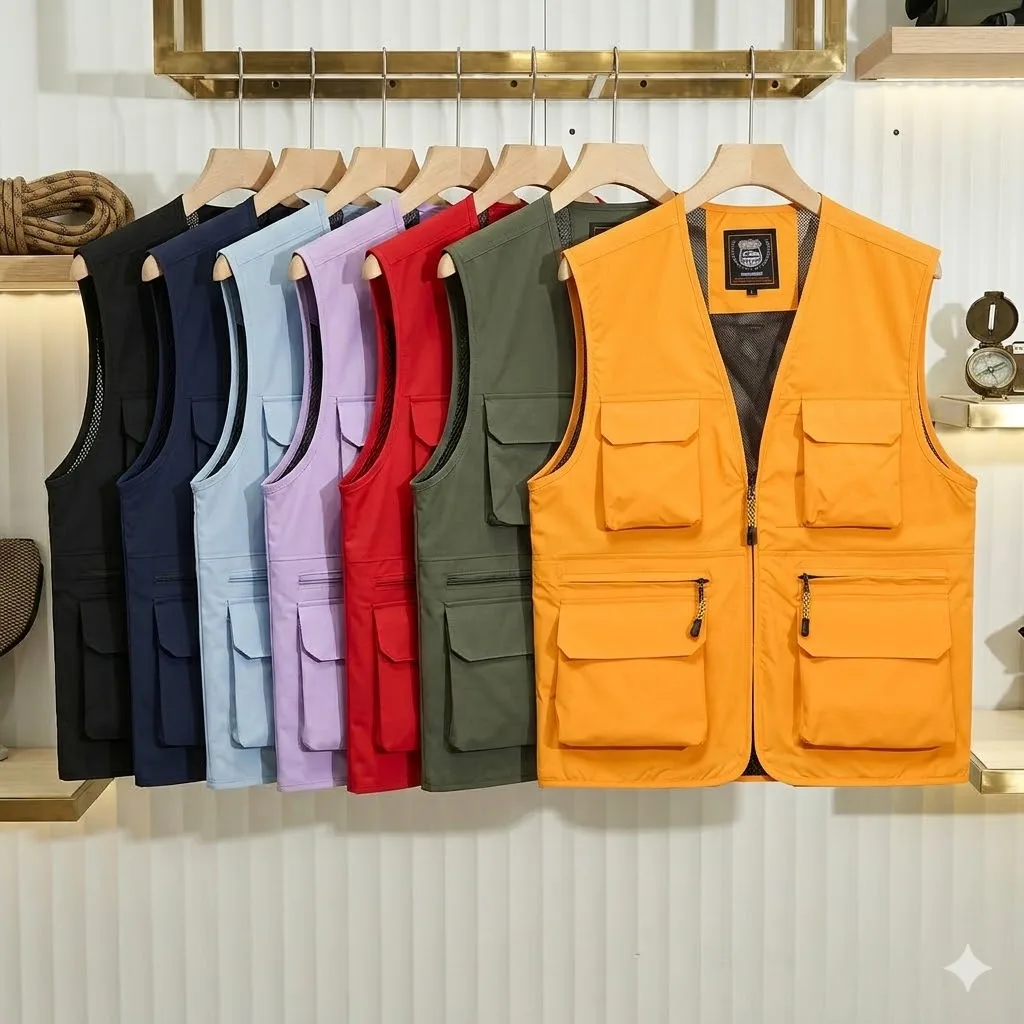 

2026 Summer Men's Casual Vest Multi-pocket Mesh Patchwork Breathable Sleeveless Techwear Vest Camping Fishing Photography Vest