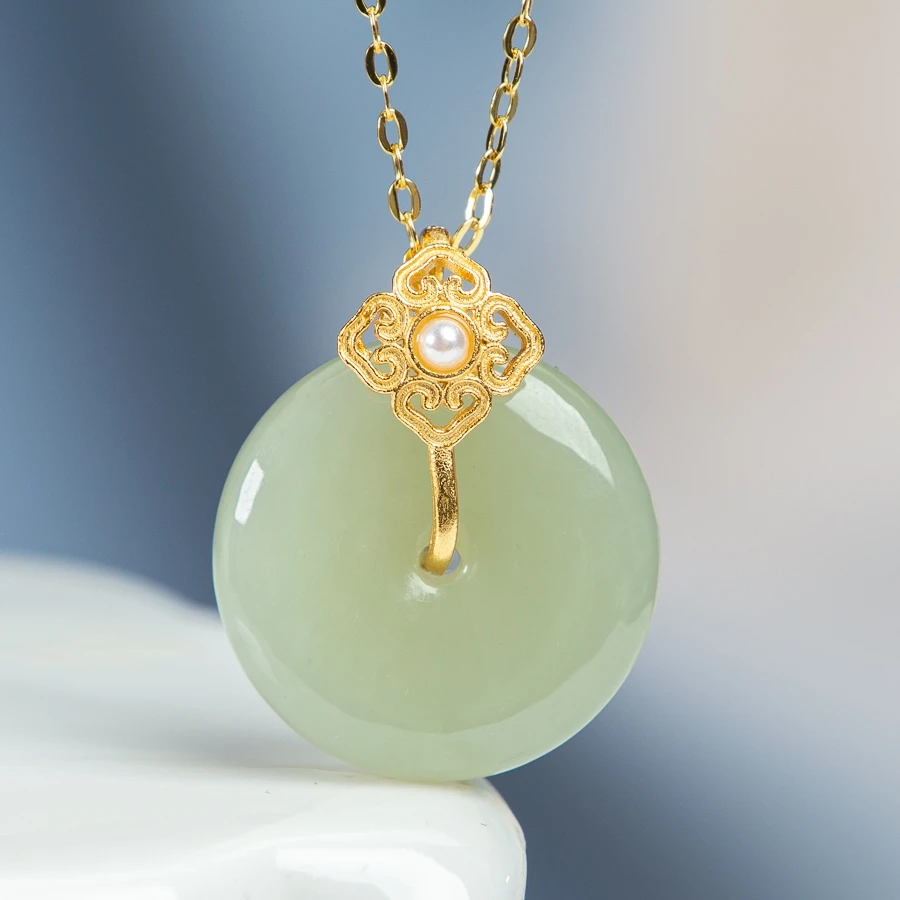 

TIMESWIND Natural Hetian Jade Light Green Safety Buckle Women S925 Necklace with Certificate