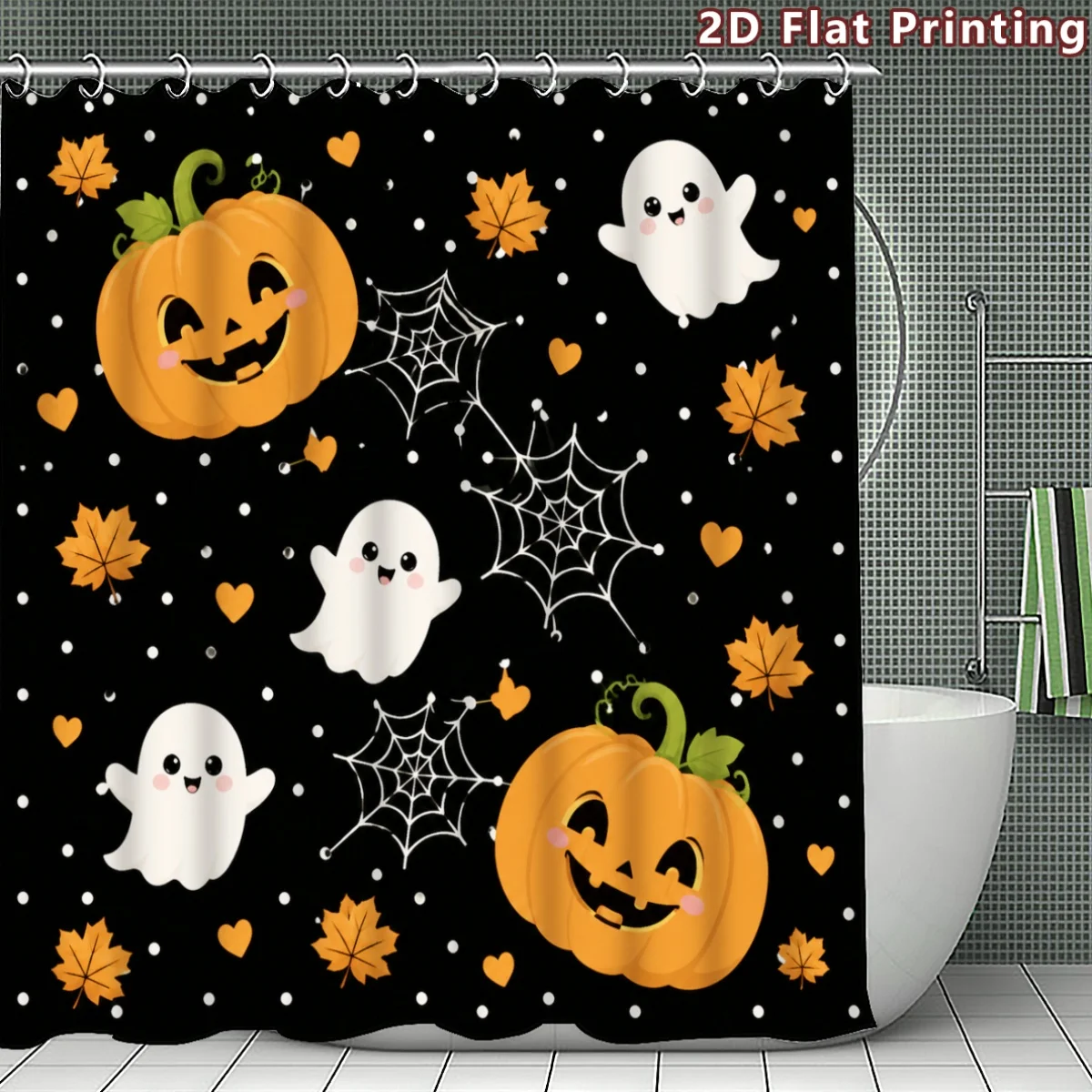 Cute Ghost Pumpkin Halloween Shower Curtain, Spiderweb & Leaf Print Waterproof Bathroom Decor, Black Background Home Bath Screen