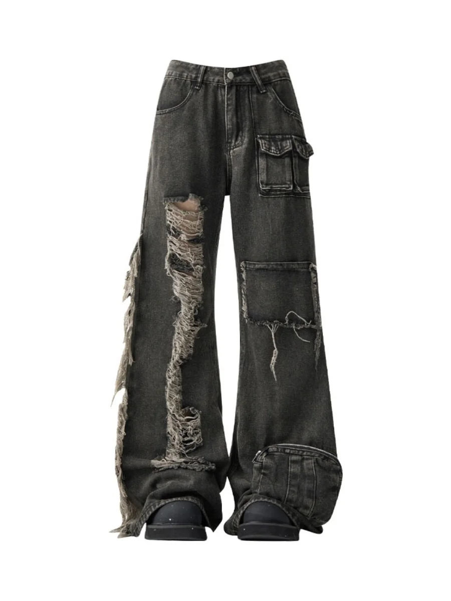 

Large Size American Retro Bla Ripped Workwear Denim Pants Women's Multi-ket Loose Design Sensation Floor-Length Pants