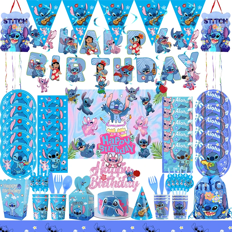 Disney Stitch Birthday Decoration Party Supplies Tableware Paper Cups Plates Tablecloth Backdrop Banner Balloons Baby Kids Gifts