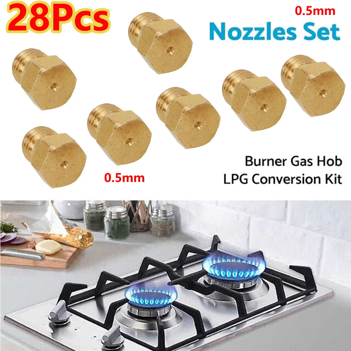 28Pcs 0.5mm Burner Gas Hob LPG Conversion Nozzles Kit Jets Propane Injectors Cooker Gas Cooking Stove Gas Jets M6*0.75mm Kitchen
