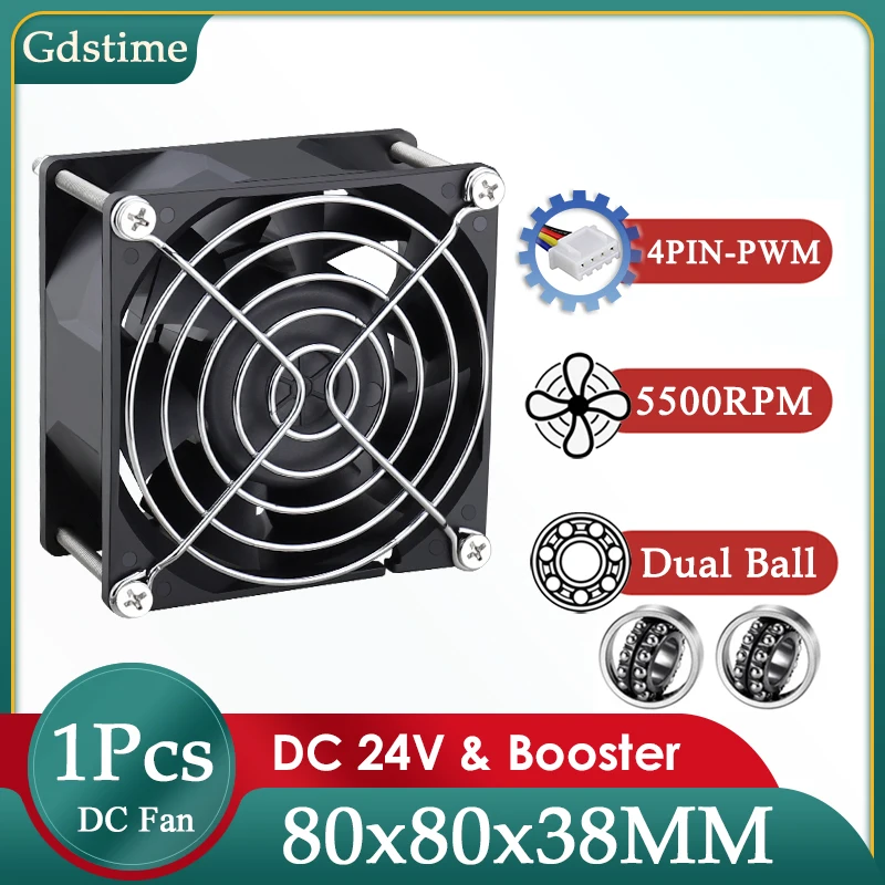 

Gdstime DC 24V Fan 80*80*38MM High Speed Cooler 80MM Dual Ball 4PIN PWM Function Brushless Cooling Fan 8038 Computer Case Fan