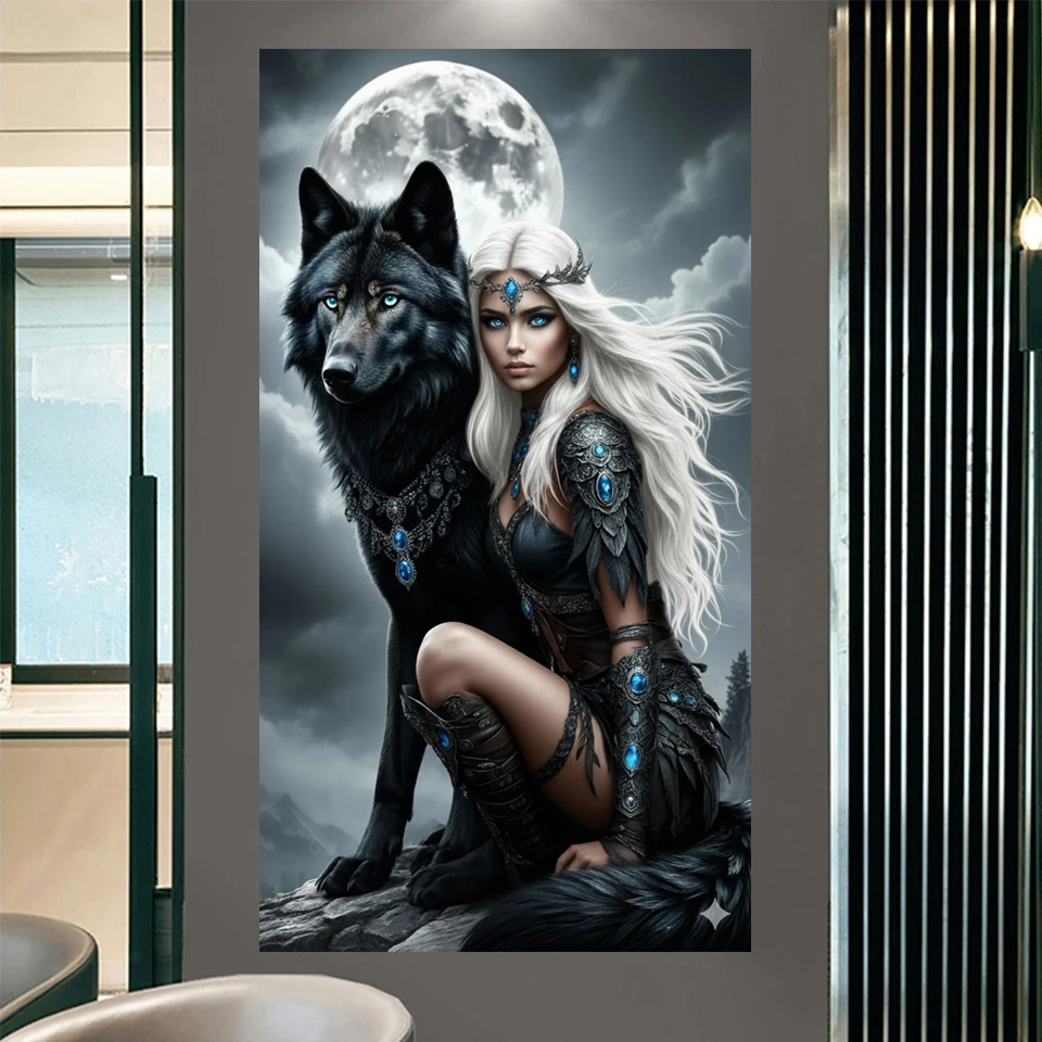 New Diamond Painting 2026 Black Wolf and Woman 5D Mosaic Cross Stitch Full Diamond Art Embroidery Large Size Living Room Decor