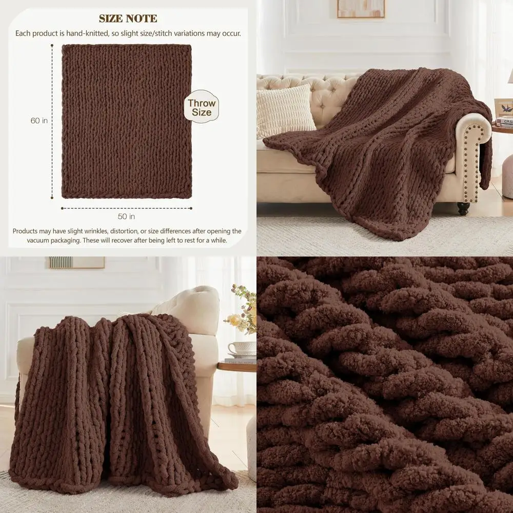 

Handcrafted Large Chenille Yarn Throw Blanket, 50x60, Plush Cozy Cable-Knit, Cocoa Brown
