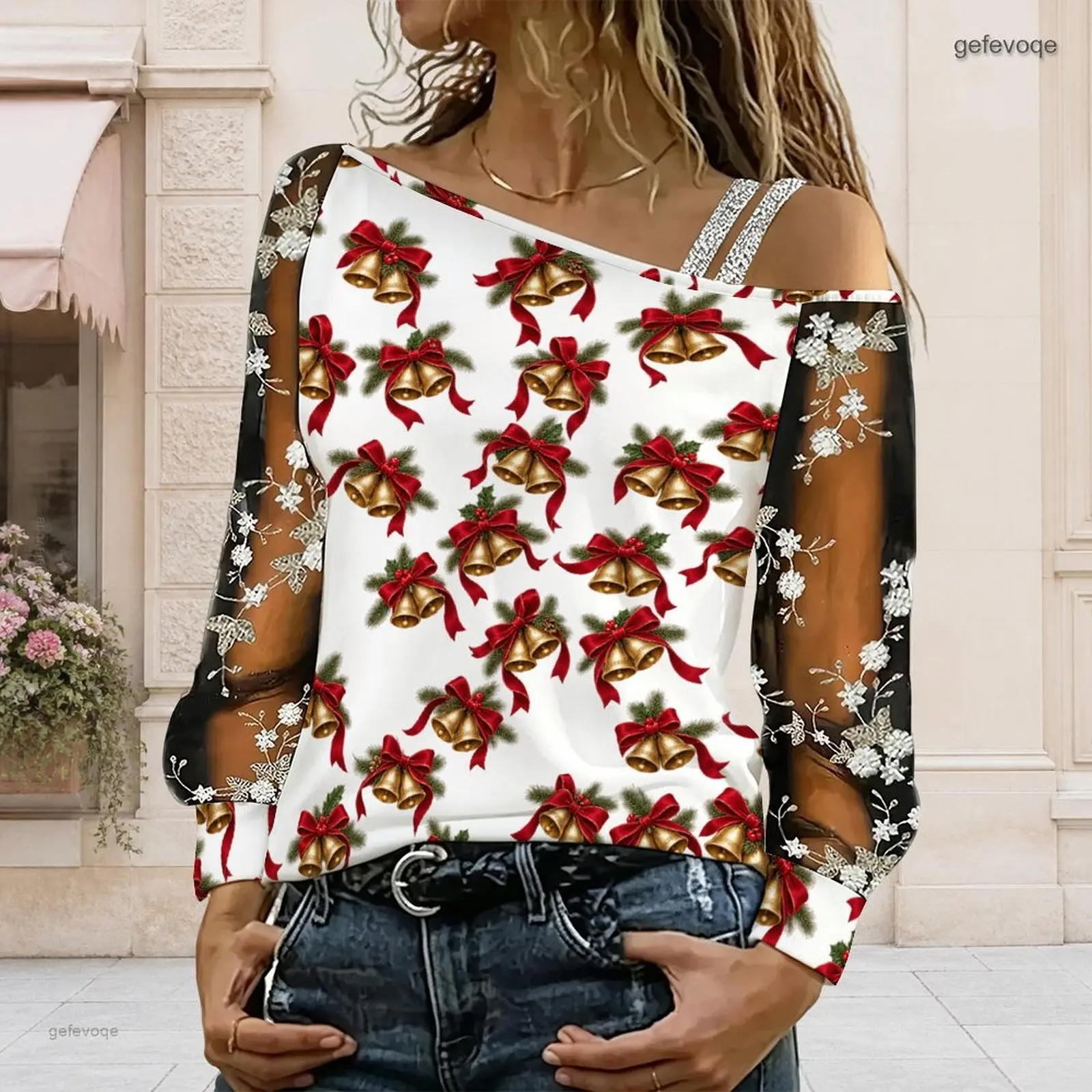 Women Asymmetric Cold Shoulder Long Sleeve Top, Christmas Bell Red Bow Print Sheer Floral Embroidery Blouse