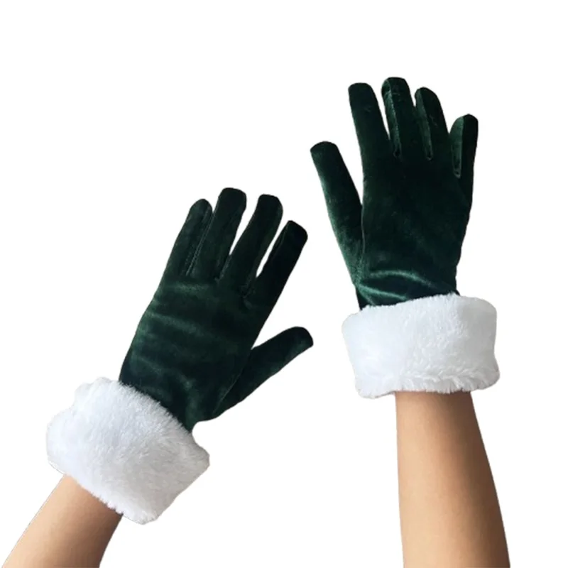 Women Christmas Velvet Gloves Short Furry Trim Santa Gloves for Party Festive Stage