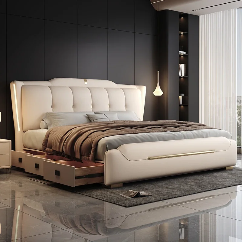 Wedding Leather Bed Master BedRoom Simple Storage Italian Type Bed Soft Roll Modern Base Para Cama Matrimonial House Accessories