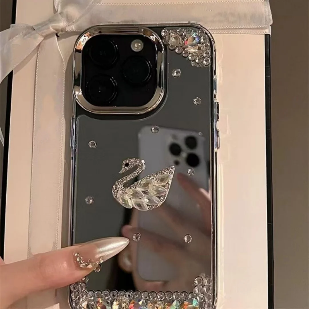 Silver luxury Mirror Set With Diamond Swan Case For iPhone 11 12 13 14 15 Pro Max Simple Luxury For Girls