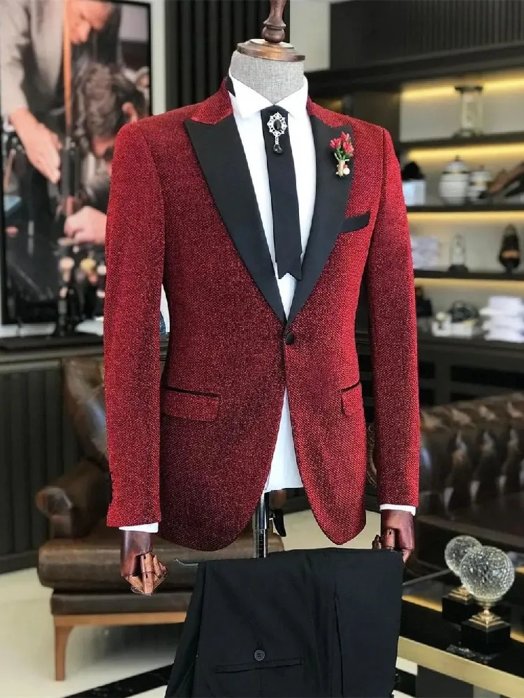 Burgundy Men's Suit 2 Pieces Blazer Black Pants One Button Satin Peaked Lapel Business Slim Wedding Groom Tailored Costume Homme