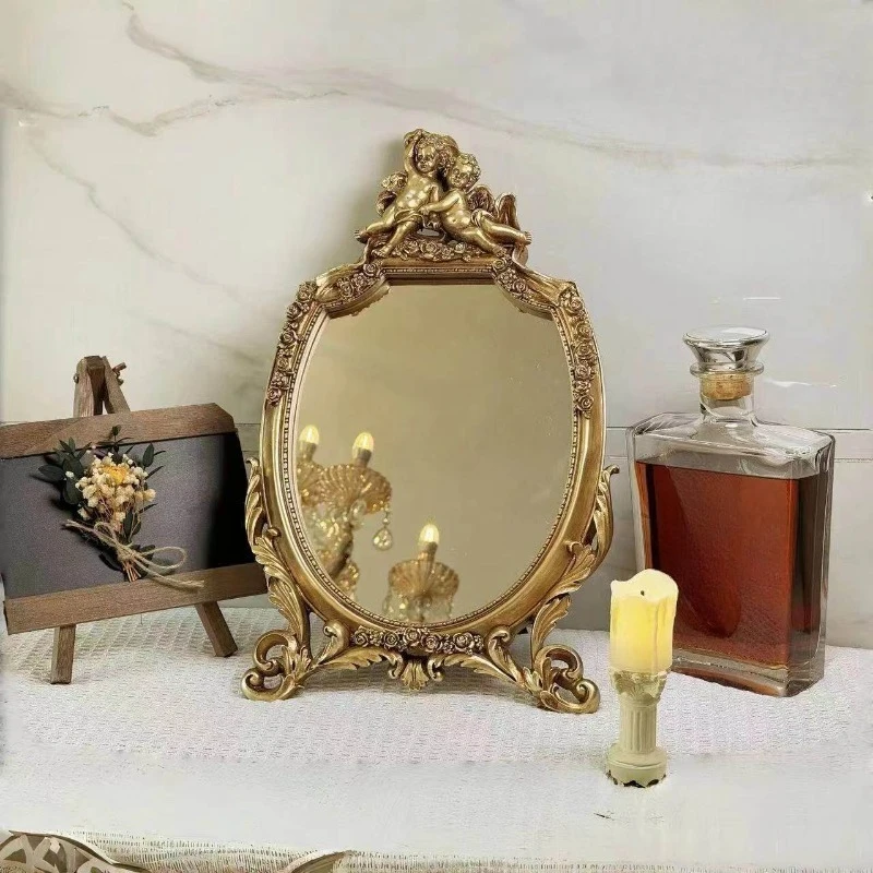 European retro makeup mirror flocked back plate relief gold vanity mirror high definition mirror decorative pose props