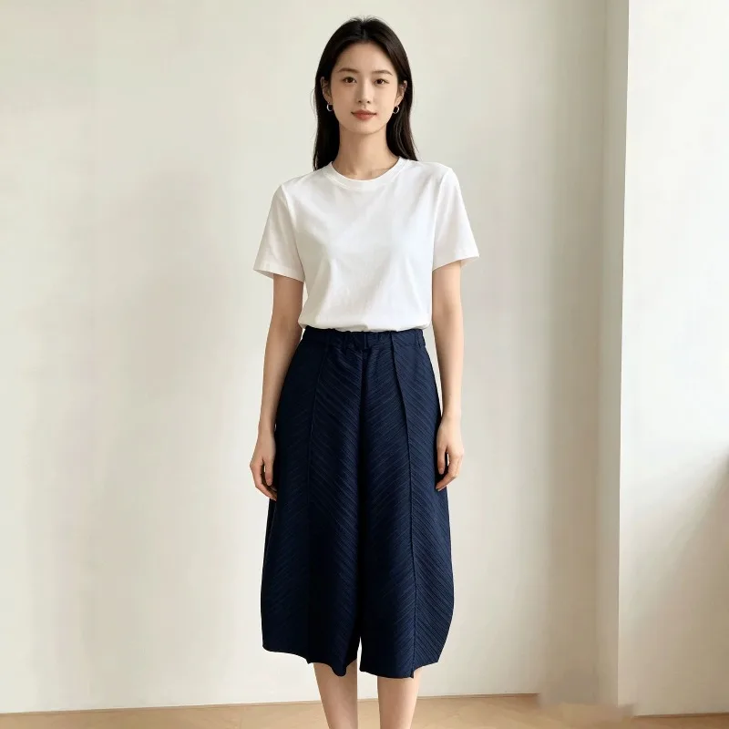 Miyake Pleated 2026 Solid Color Mid-Length Pants for Women High Waist Vibrant Versatile Loose Fit Seven-Point Wide-Leg Pants