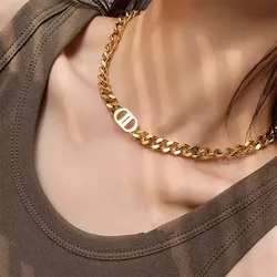 Korean Fashion Gold Plated Heavy Chain Letter D Necklace for Women Vintage Hip Hop Punk Party Personality Collar Chain Jewelry