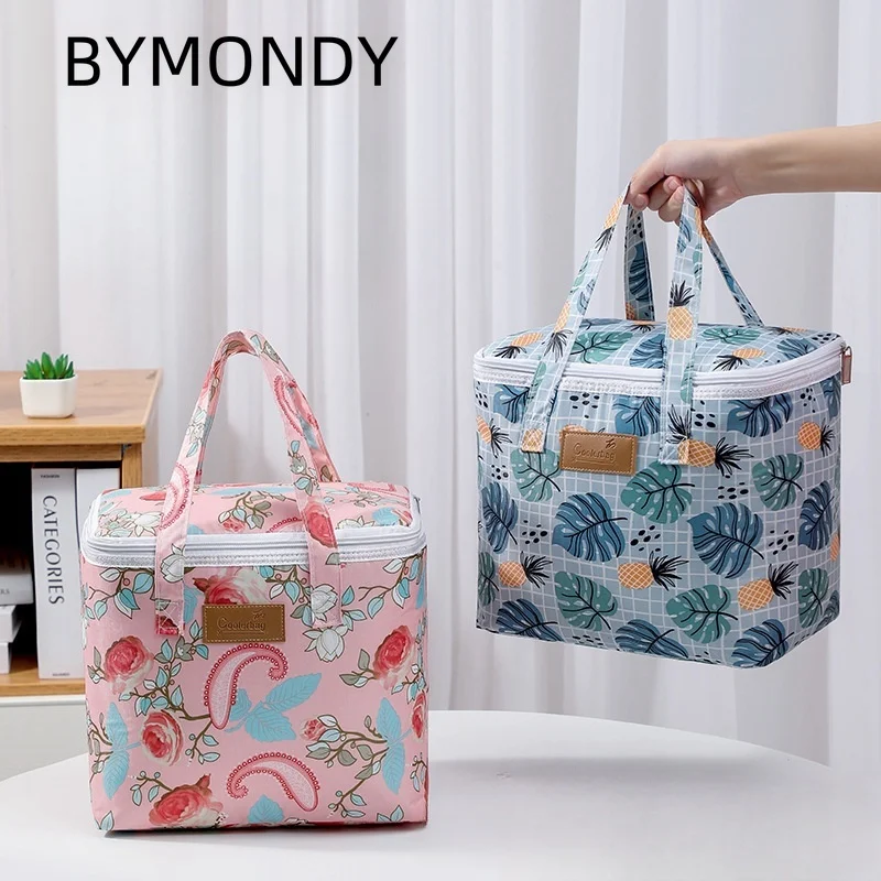 

BYMONDY Square Large Cooler Bag for Women Floral Lunch Bags Picnic Food Meal Storage Container Family Party Lunch Box Portable