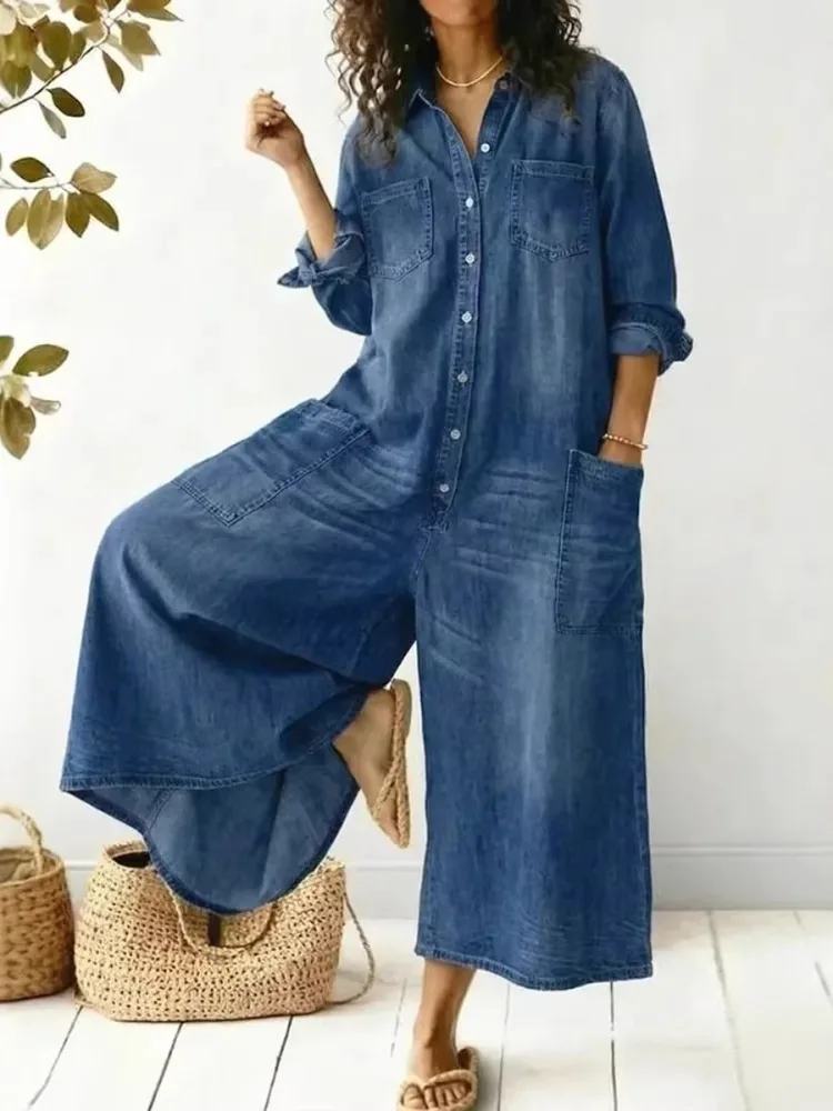 UOOZEE 2026 New Trendy Streetwear Denim Lapel Jumpsuits Women Long Sleeves Buttoned Pockets Loose Casual Wide Leg Overalls