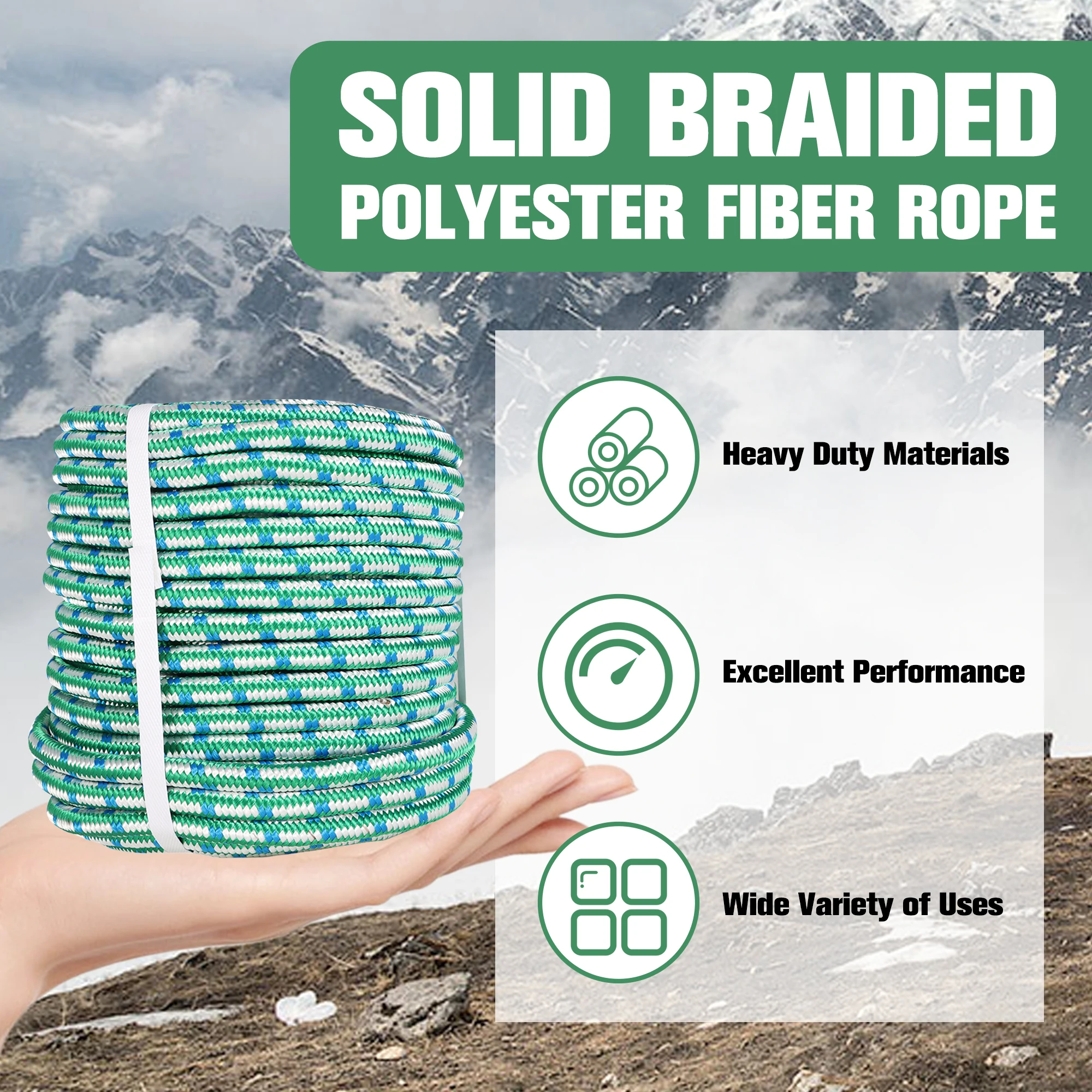 1/2 Inch 16 Strand Braided Polyester Rope 150Ft Green-White-Blue-for Tree Climbing Rigging, Arborist