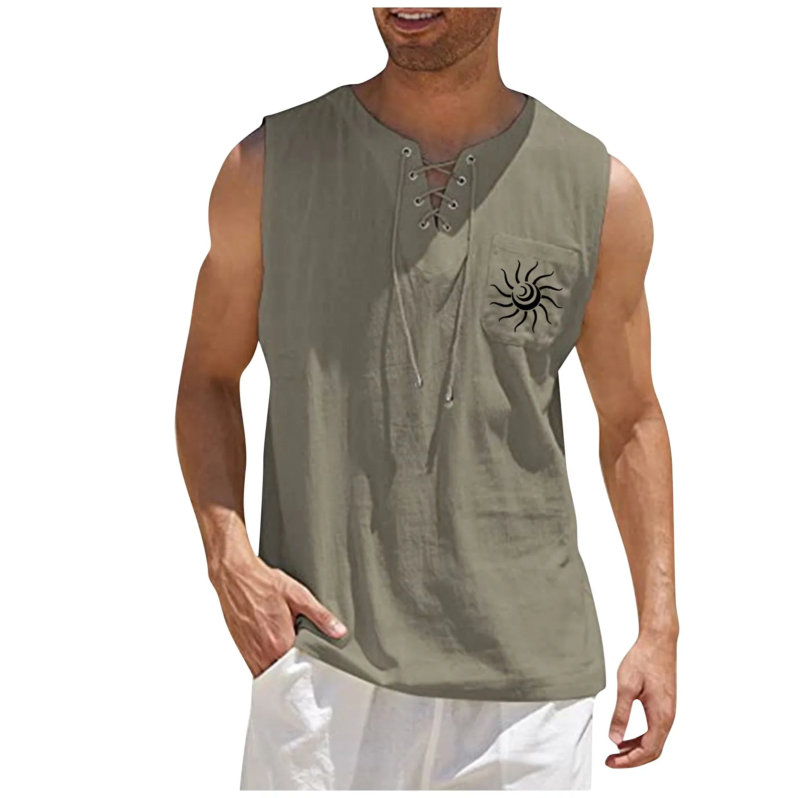 Men'S Lace-Up Collar Tank Tops Summer Casual Large Size Beach Leisure Vacation Vest Retro Printed Loose Cotton Linen Tank Tops