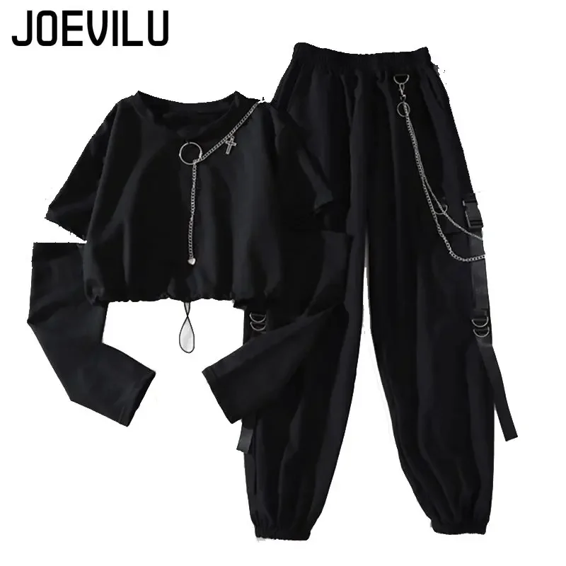 Tracksuit Removable Sleeve with Chain Top Handsome Casual Waistband Cargo Pants 2 Piece Sets Women\'s Outfits Spring Summer Suits