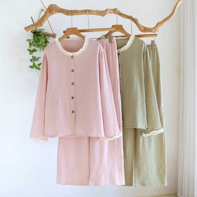 

Новый весенне-осенний пижамный комплект 2026 года: 100% хлопковый креп, свободный крой, длинные рукава и брюки, тонкий, для дома, из двух предметов