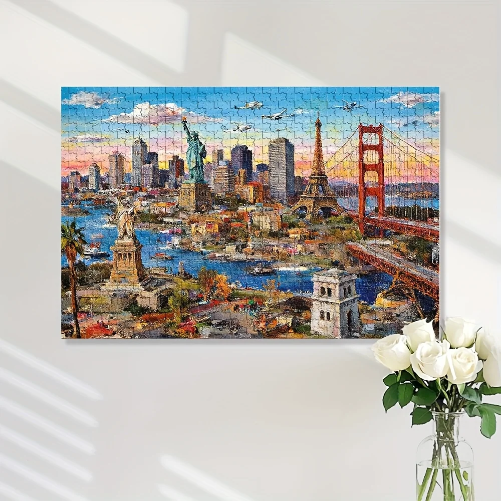 จิ๊กซอว์ภาพทิวทัศน์เมือง 1000 ชิ้น ซานฟรานซิสโก ปารีส นิวยอร์ก - สะพานโกลเด้นเกต อนุสาวรีย์เทพีเสรีภาพ และหอไอเฟล จิ๊กซอว์แผนที่ขนาดใหญ่