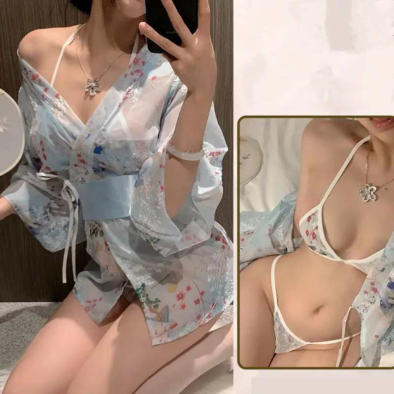 Sexy Lingerie Kimono Uniform Collocation Printed Coat Brassiere T Pants Elastic Adjustable Belt Costume Gift for Women Cosplay