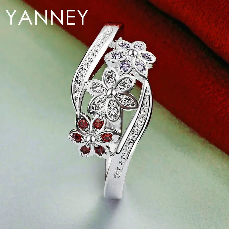 Beautiful 925 Sterling Silver Luxury Colored Flower Zircon Ring For Wedding Women Engagement Charm Jewelry Gifts Accessories