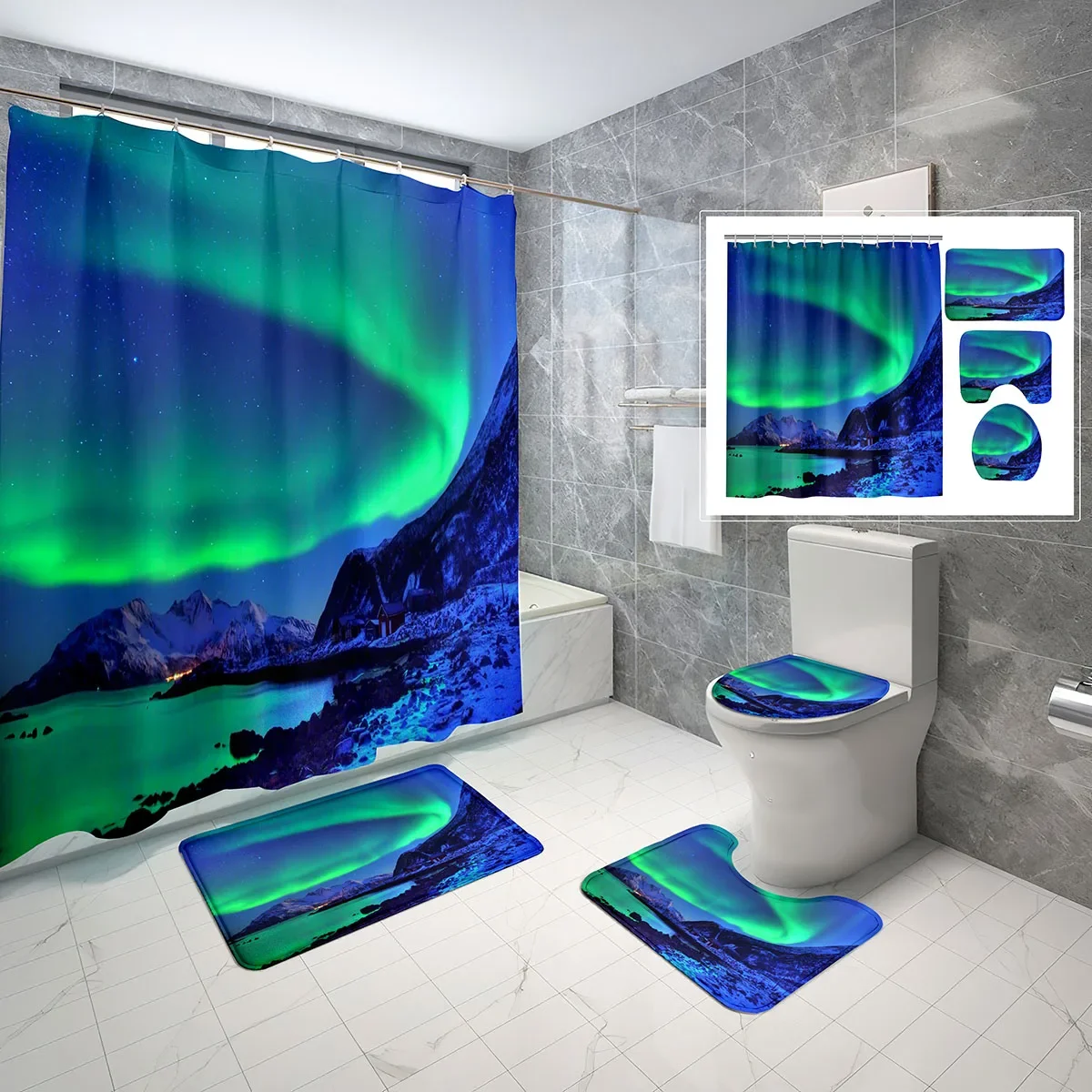 Northern Lights Shower Curtain 4-Piece Set with Toilet Lid Cover,Non-slip Bath Mat Natural Scenery Waterproof Bath Curtain