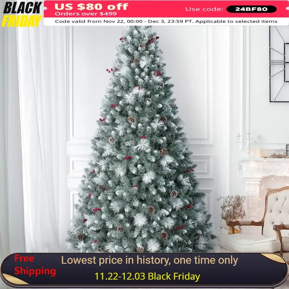 9ft Christmas Tree Prelit, Flocked Christmas Tree with 750 Warm Lights, Pinecones &Berries Hinged Artificial Trees Holiday Decor