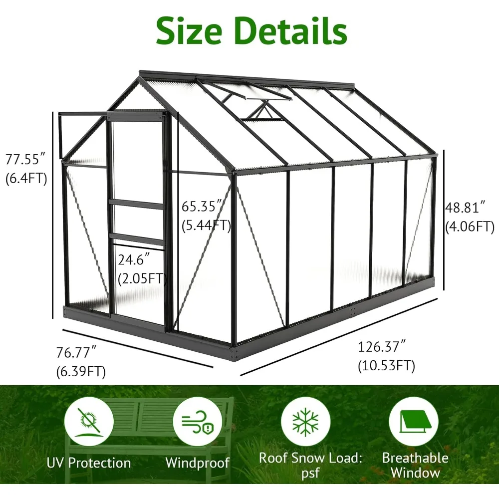 

Sturdy Aluminum Outdoor Greenhouse, 10x6ft Polycarbonate Enclosure for Gardening, with Ventilation Features