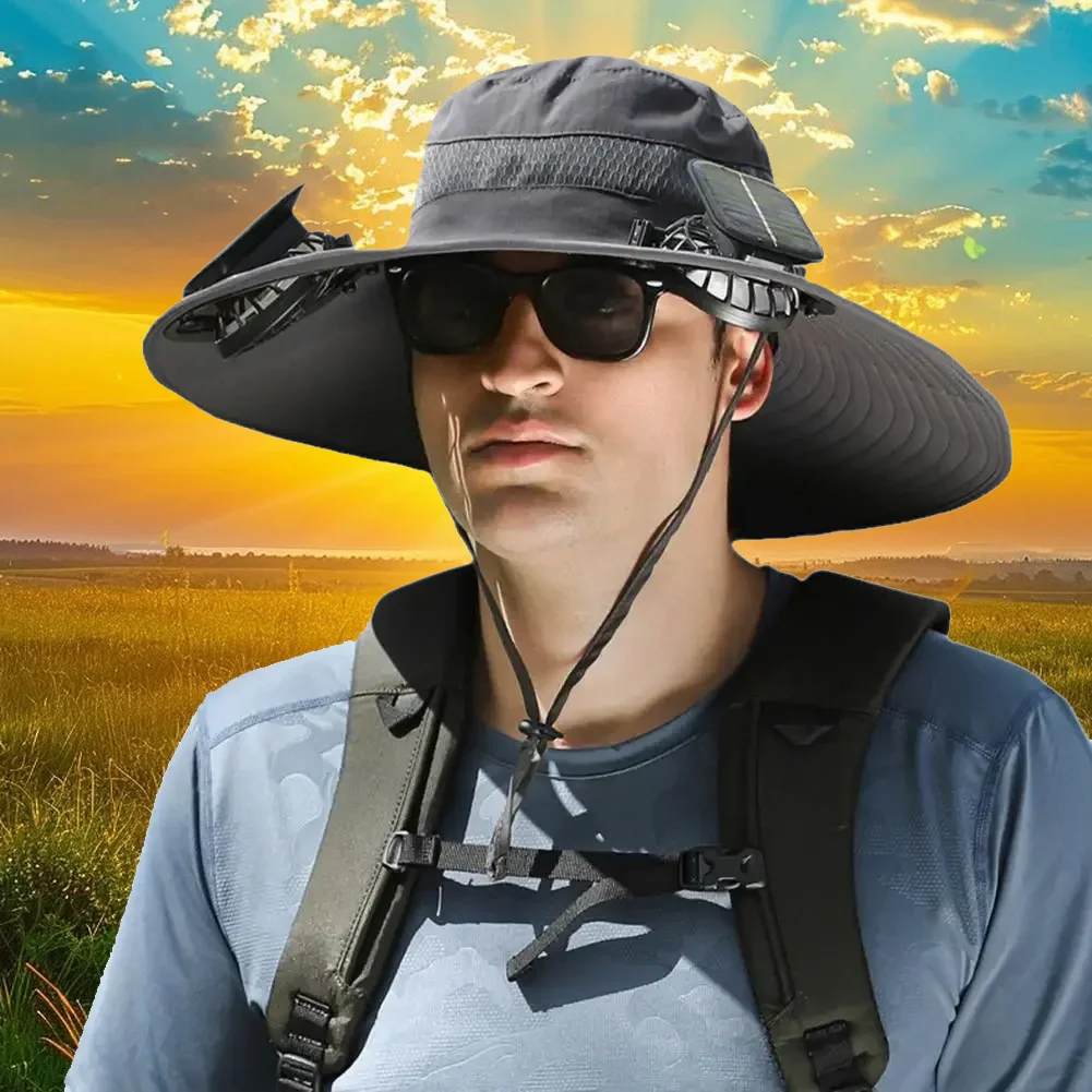 

Wide Brim Solar Fan Hat UPF 50+ Sun Protection with Dual Power (Solar USB) Adjustable Outdoor Beach Fishing Hat for Men Women
