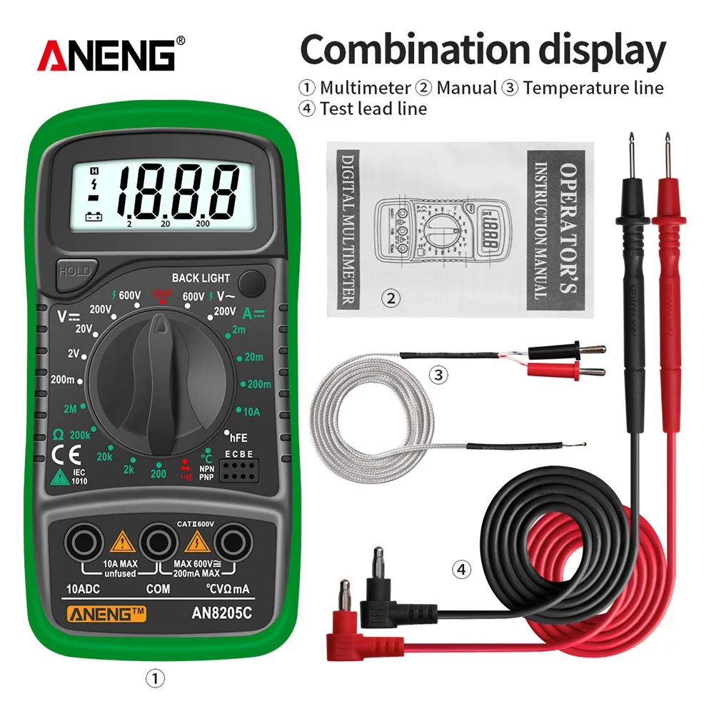 ANENG AN8205C Tragbares Digitales Multimeter AC/DC Spannungs-, Strom- und Widerstandsmessgerät mit LCD-Hintergrundbeleuchtung und Datenhaltefunktion für Elektrische Reparaturen