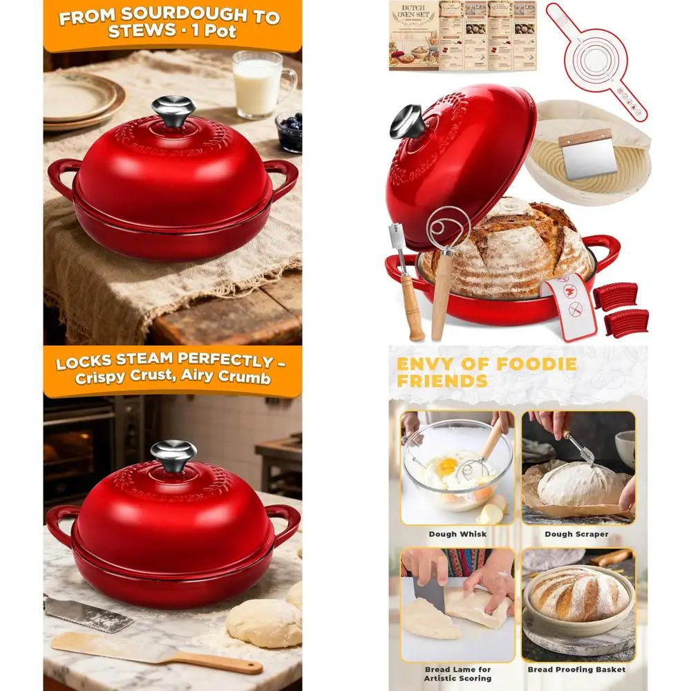 

Чугунная эмалированная кастрюля-казан, 6 кварт, градиентный красный цвет, с крышкой и набором для приготовления закваски для домашнего хлеба ручной работы
