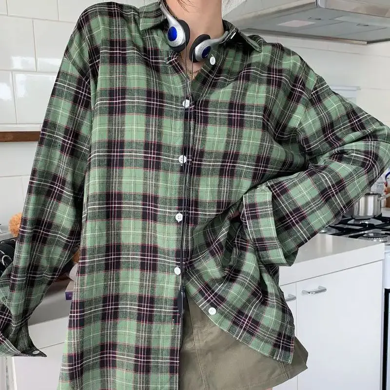 

Shirt Plaid Turn-Down Collar Retro Classic Design Women Baggy Long Sleeve Female Blouses Spring Summer BF Vintage Oversize Chic