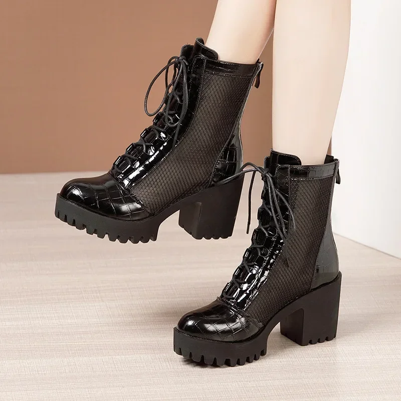 Plus Size 32-43 Quality Genuine Leather Boots Women Summer 2024 Cutout Medium Block Heels Platform Shoes Ankle Botas Black