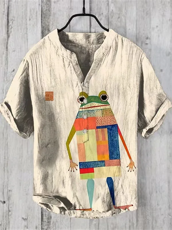 Henry Shirt - Men's Frog Print Short sleeved T-shirt, Casual Loose Top, Bamboo Linen Shirt, Fashion Clothing Top S-5XL