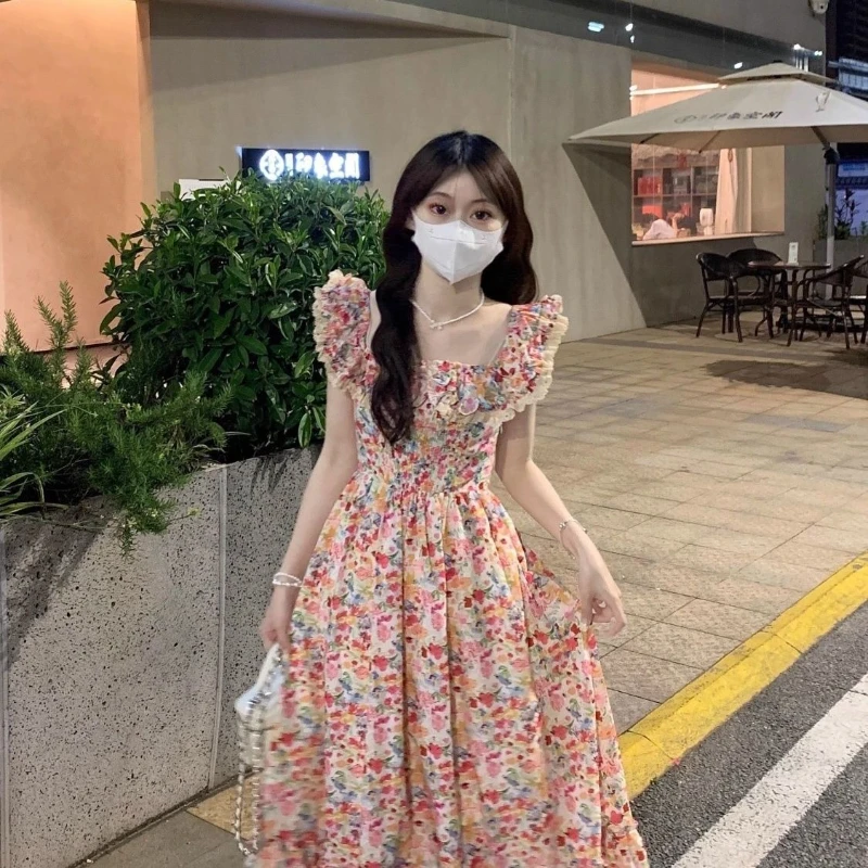 French Heavy Industry Floral Square Collar Lotus Leaf Hem Dress Women Summer  Petite girls Slim A-line Mid length version