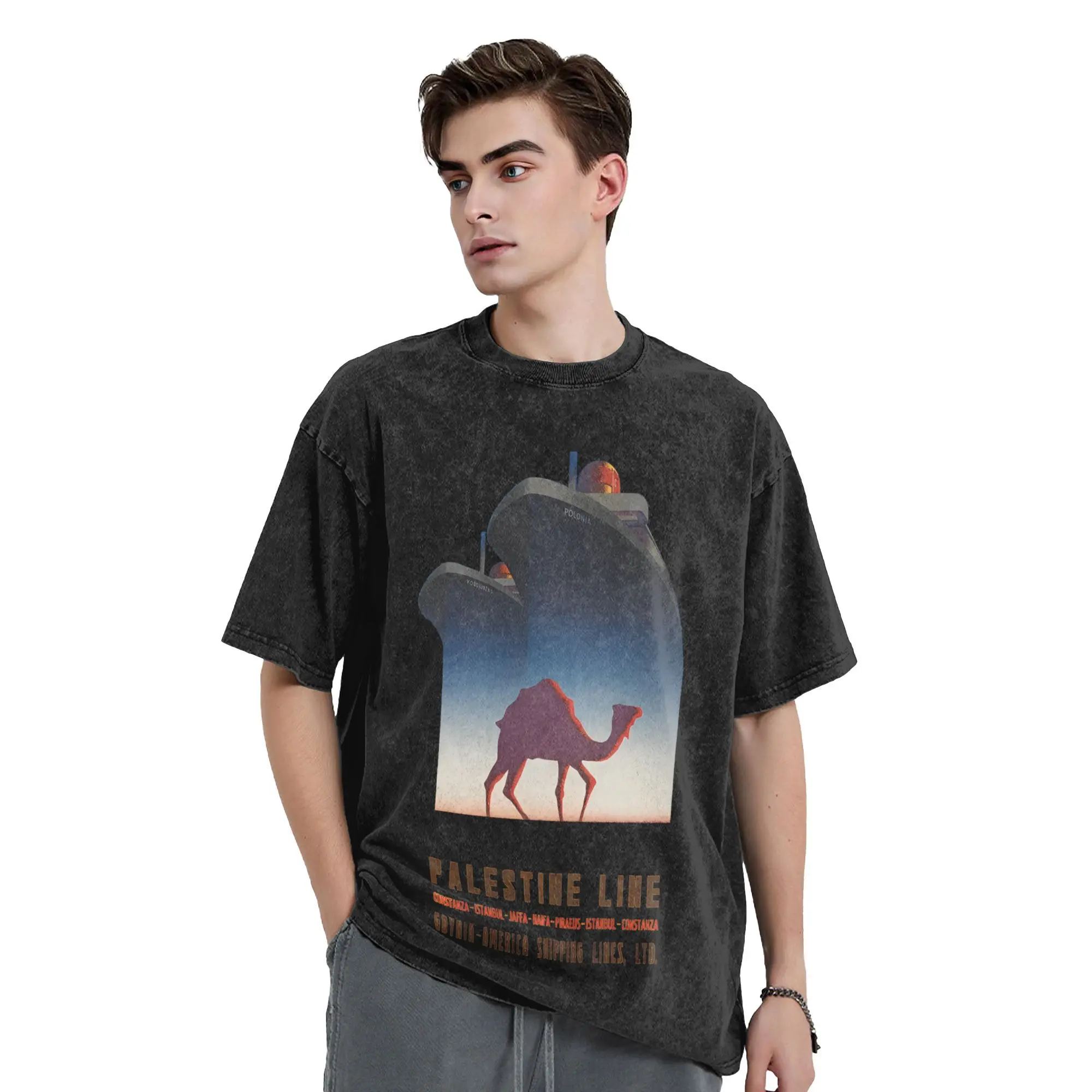 Palastined Line Camel Camisetas masculinas lavadas camisetas de lazer manga curta gola redonda camisetas de algodão puro tamanho grande