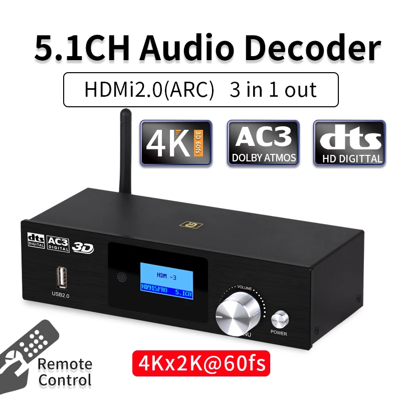 

HD915PRO 5.1CH HD Audio Decoder Bluetooth 5.0 Reciever Dolby Atmos DTS AC3 HDMi2.0-Compatible 4K3D Converter SPDIF ARC PCUSB DAC