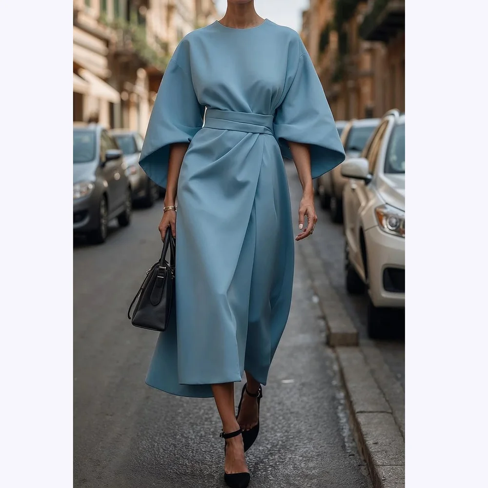 

Винтажные платья для выпускного вечера Модное платье с круглым вырезом и половиной рукава длиной до чая со складками Вечернее платье трапециевидной формы Простой стиль Вечернее платье Женское элегантное