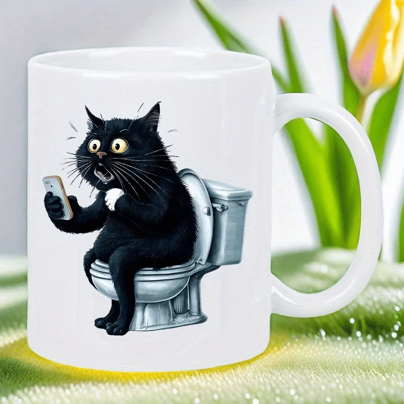 

Black Cat 12 11oz Ceramic Coffee Mug - Insulated Reusable Travel Mug with Humorous Toilet Sitting Cat Design, Hand-Wash Only