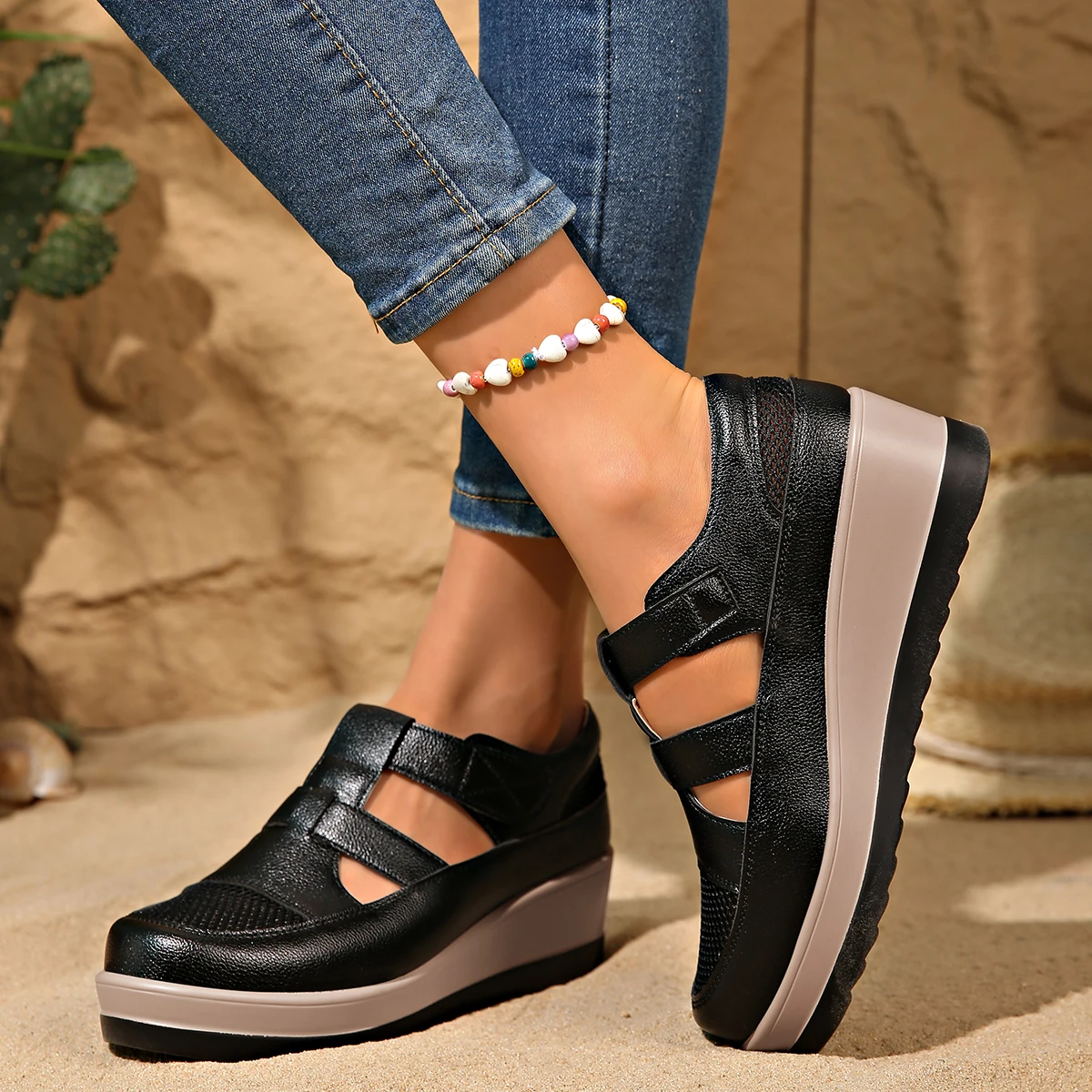 New Women's Nude Shoes-Fashionable, Simple, Versatile, Velcro Breathable, Comfortable, Slope Heel Summer Women's Shoes