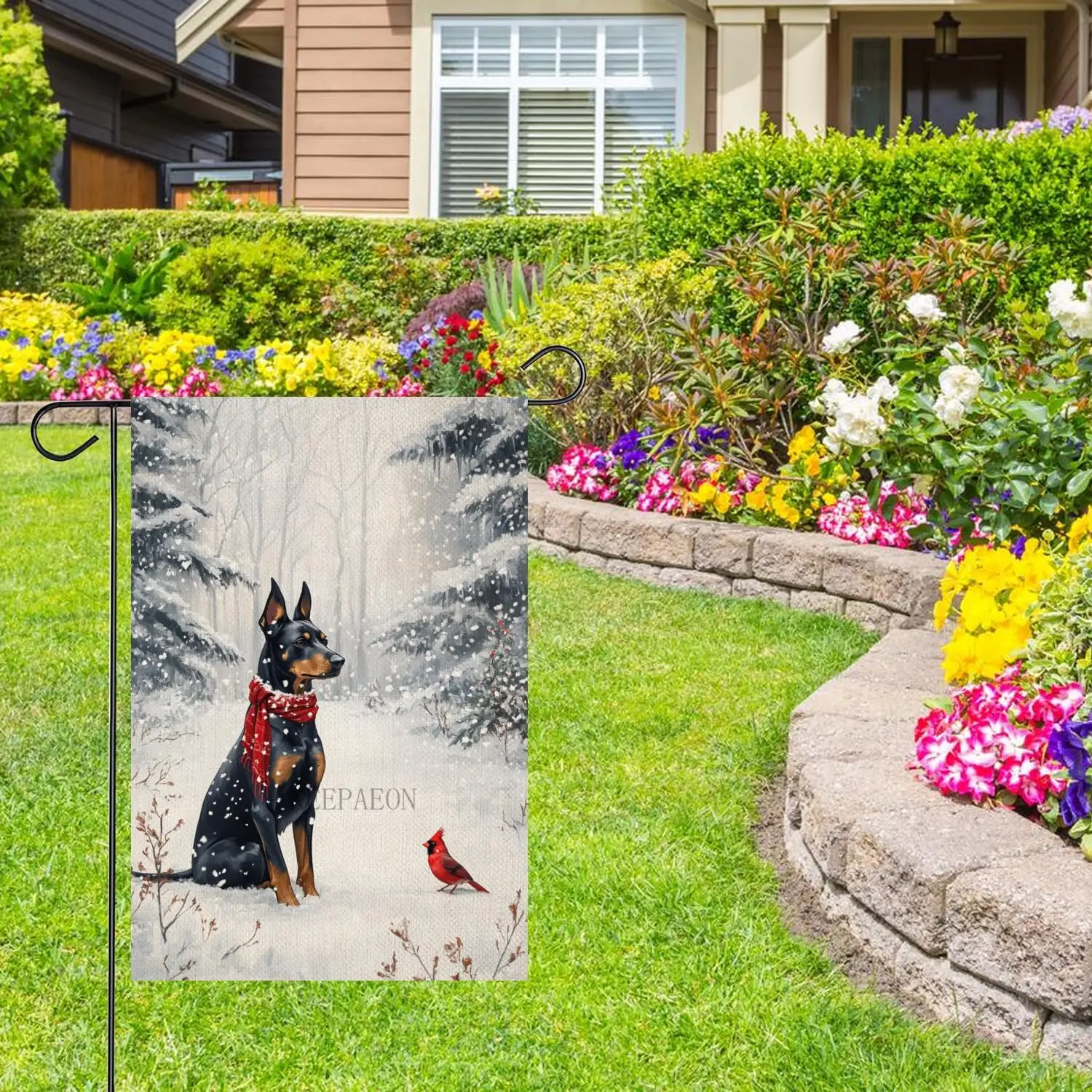 Winter Cardinal Bird and Doberman Garden Flag 12x18 Vertical Double Sided Farmhouse Trees Snow Christmas Holiday Outside Decorat