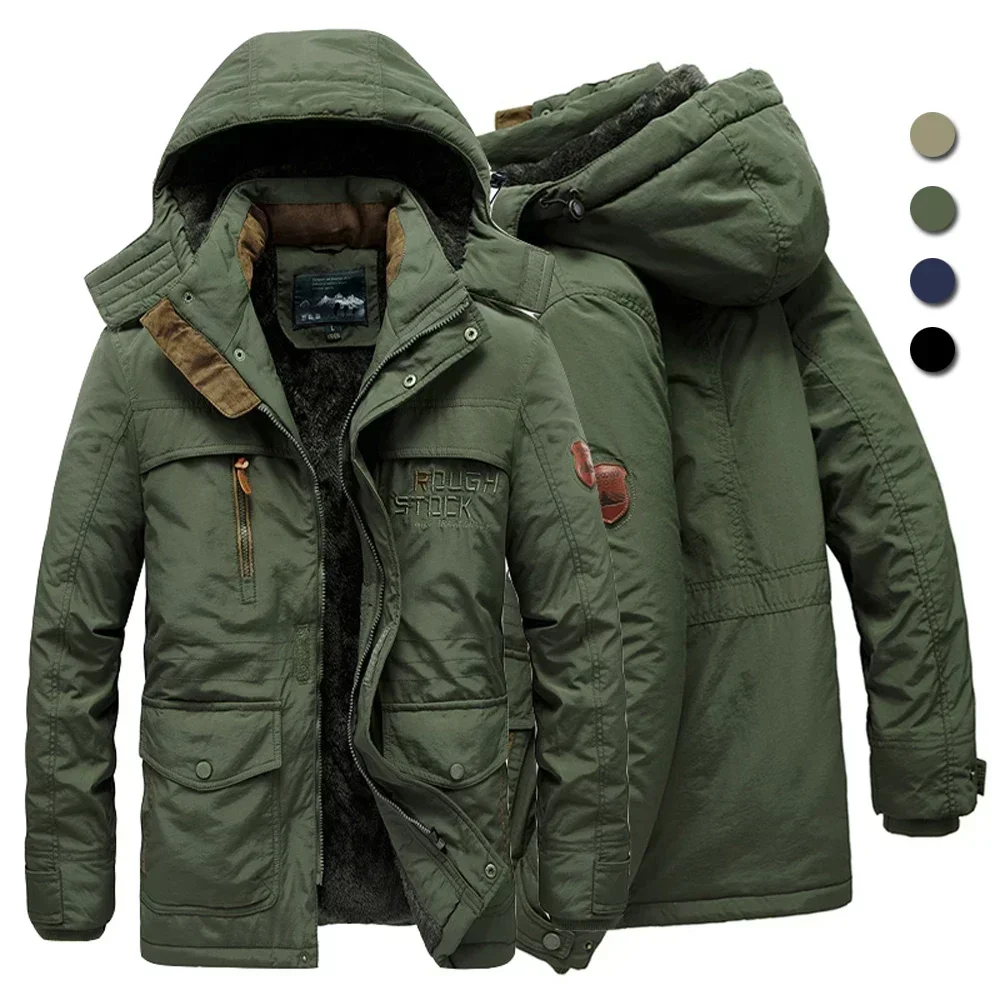 Men's Thick Warm Winter Jacket Big Size Multi-pocket Fleece Linning Outdoor Parka Coat Hooded Windbreaker Military Outerwear