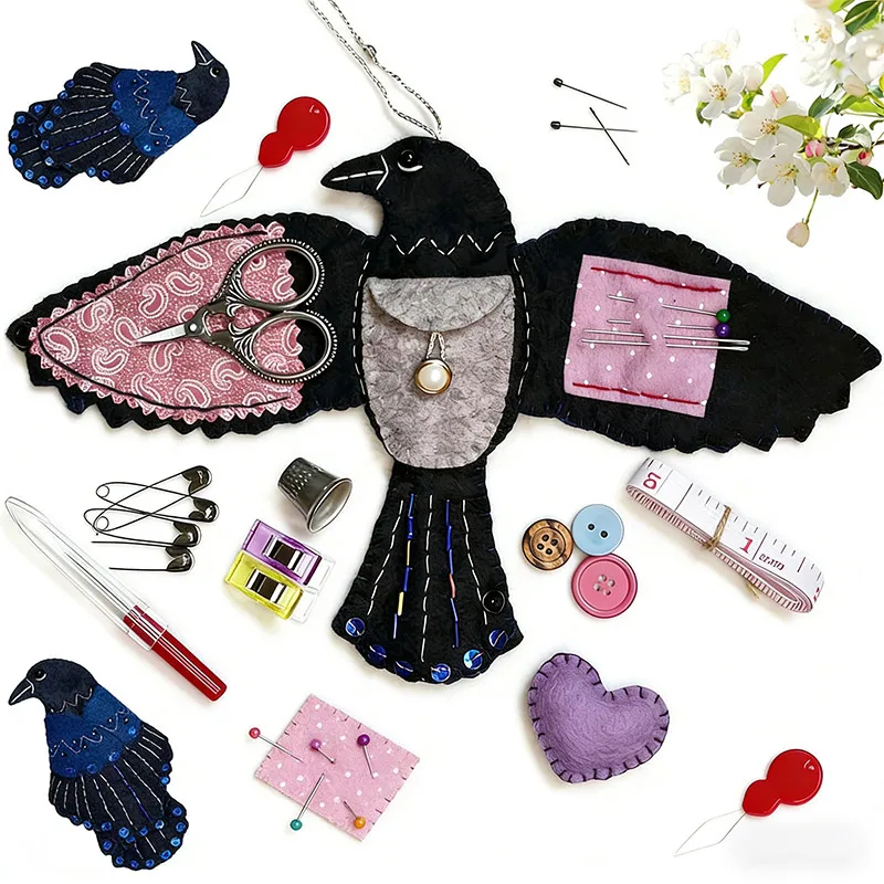 

Raven’s Keepsake-Guardian of Stitches,Luna The Crow Sewing Case,Handmade Mini Felt Crow Sewing Pouch Great Gift for Craft Lover