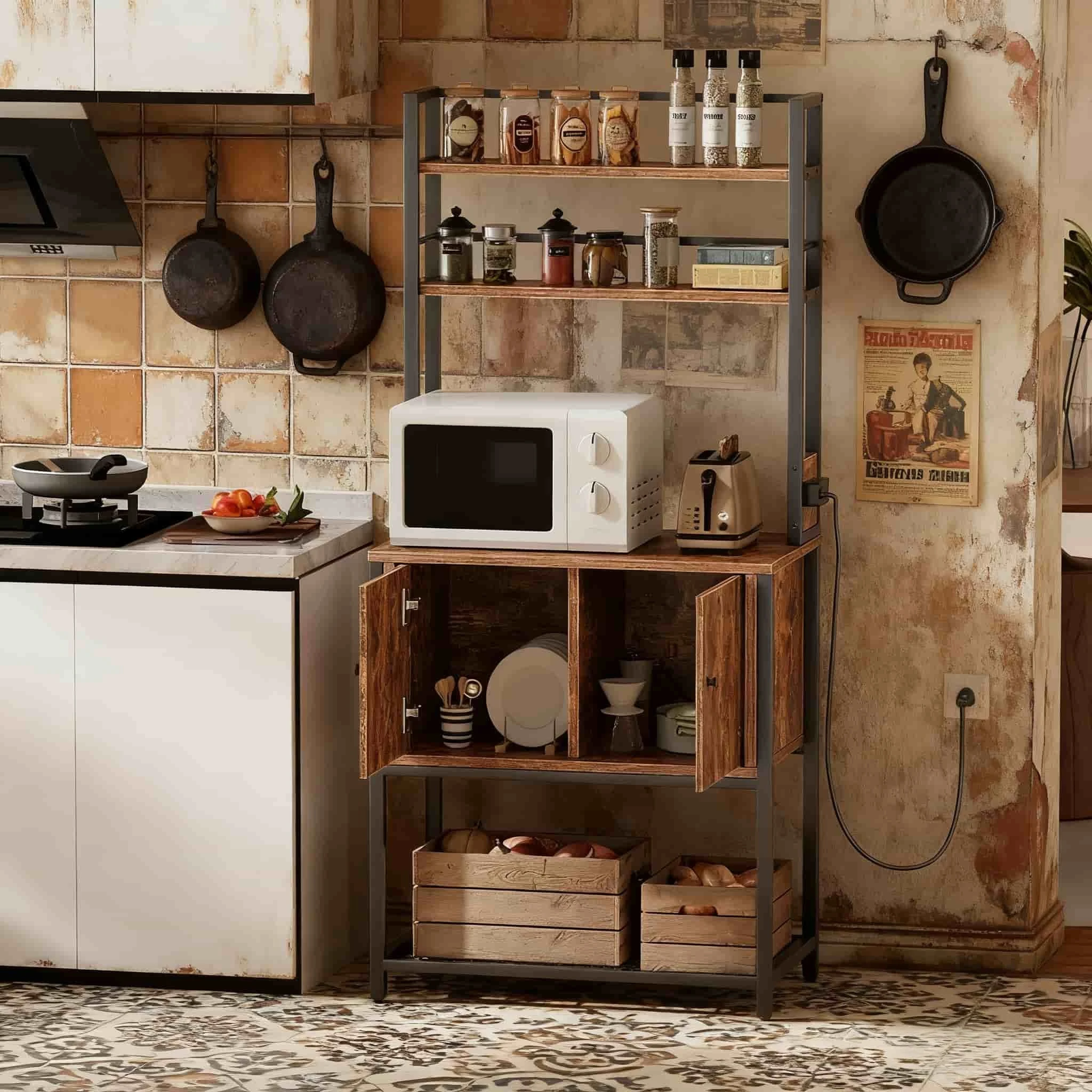 

Large Coffee Bar Sideboards Baking Rack Storage Cabinet 5-Tier Baker Outlets Cabinet Oven Stand Cabinet Brown Kitchen Aparador