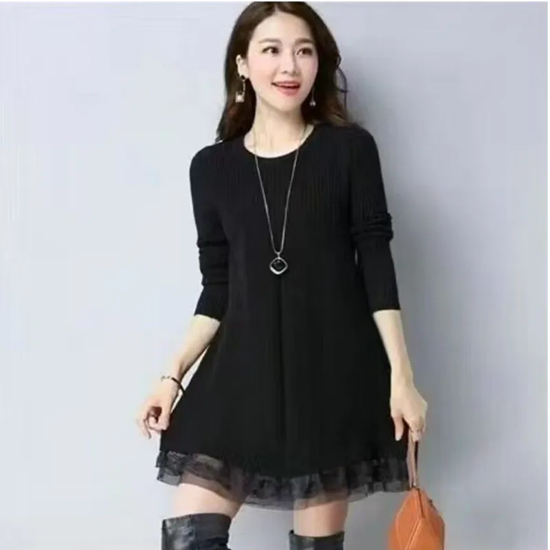 

Fall/Winter 2025 New Women's Lace Stitching Sweater Dress Solid Color Loose Long-sleeved Pullovers Fashion Clothes Female