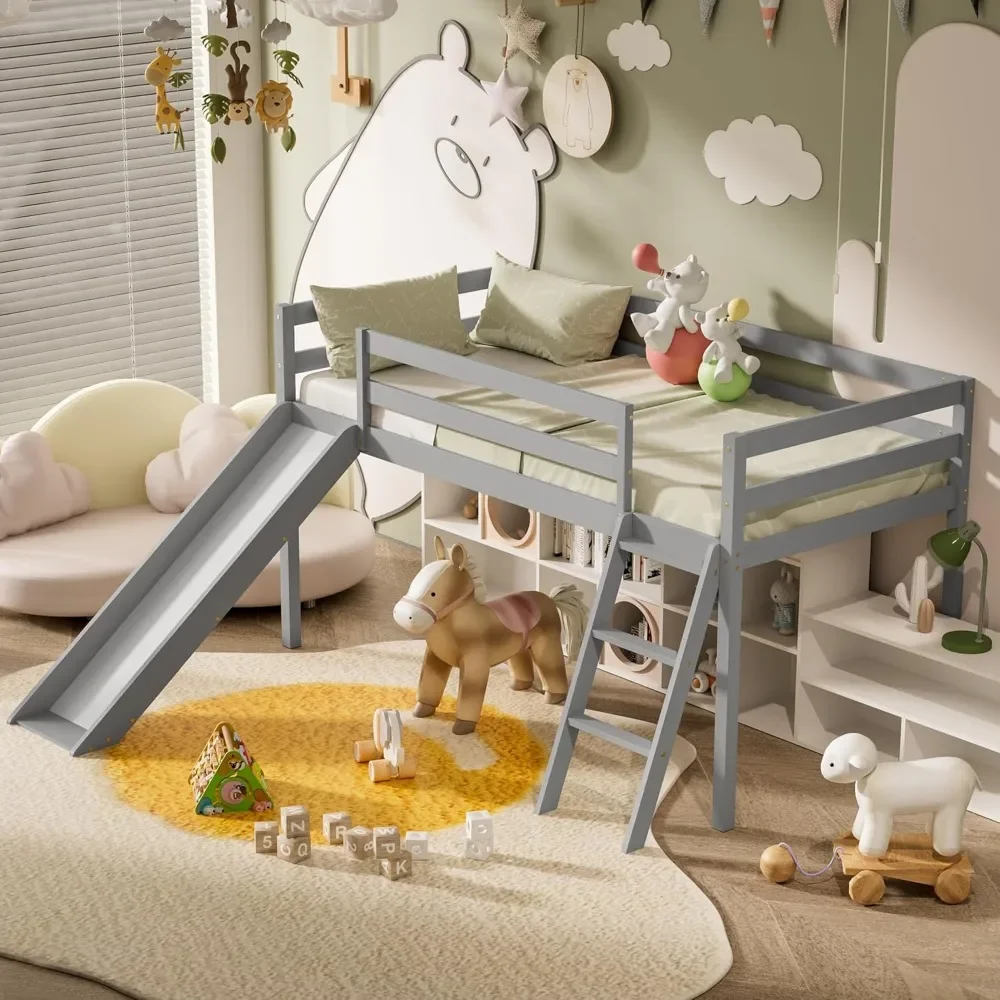 Lit loft bas avec toboggan, cadre de lit double en bois avec échelle d'escalade et espace de rangement pour enfants et tout-petits