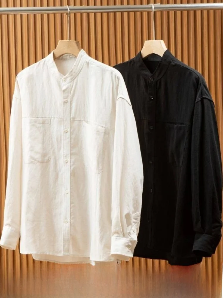 

Retro Japanese Style Men's Long Sleeve Shirt Cool Moisture Wicking Breathable Linen Blend Stand Collar Casual Fashion Citywear