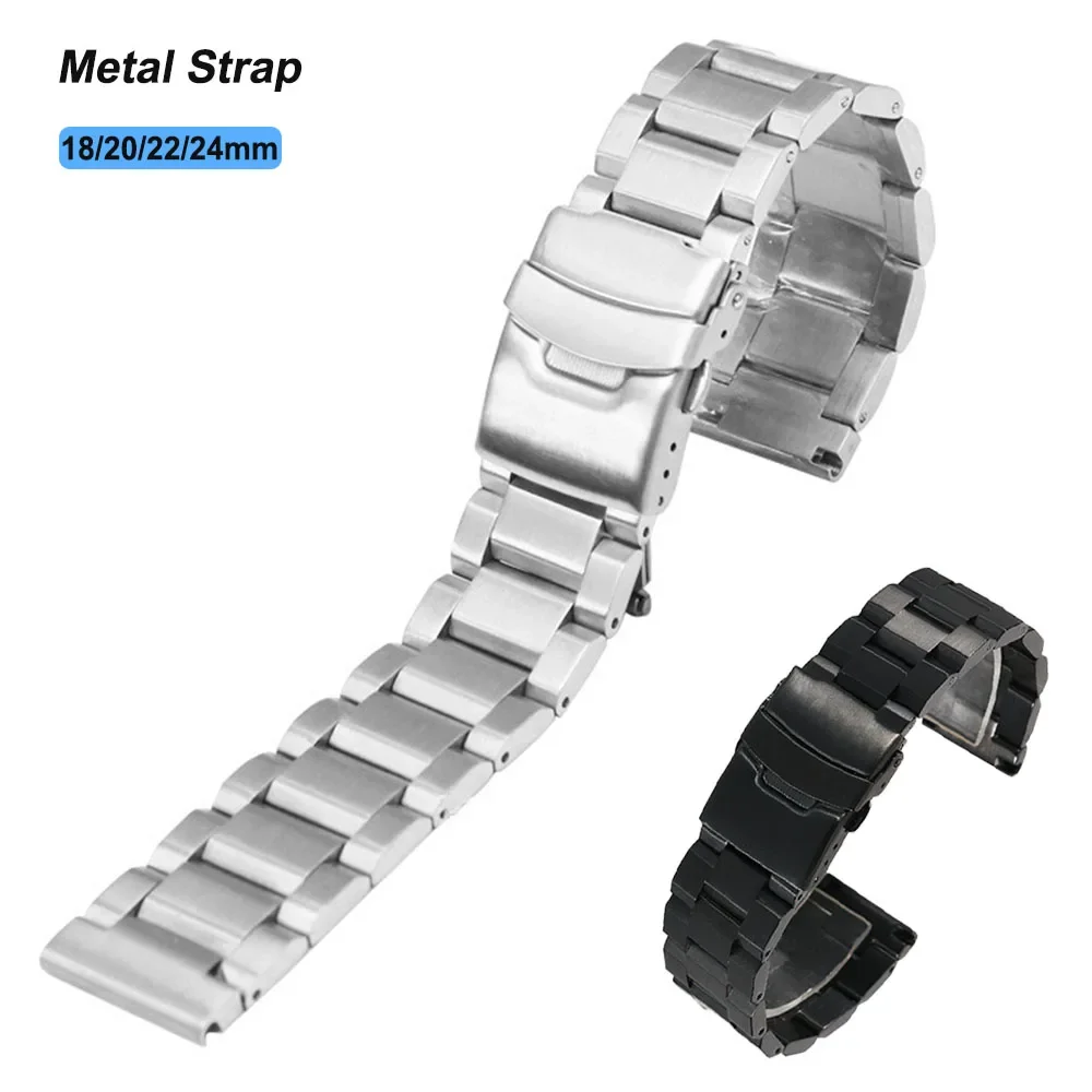 Solid Metal Watch Strap 18mm 20mm 22mm 24mm Steel Watch Band Three Beads Bracelet Folding Buckle Universal Wristband Accessories